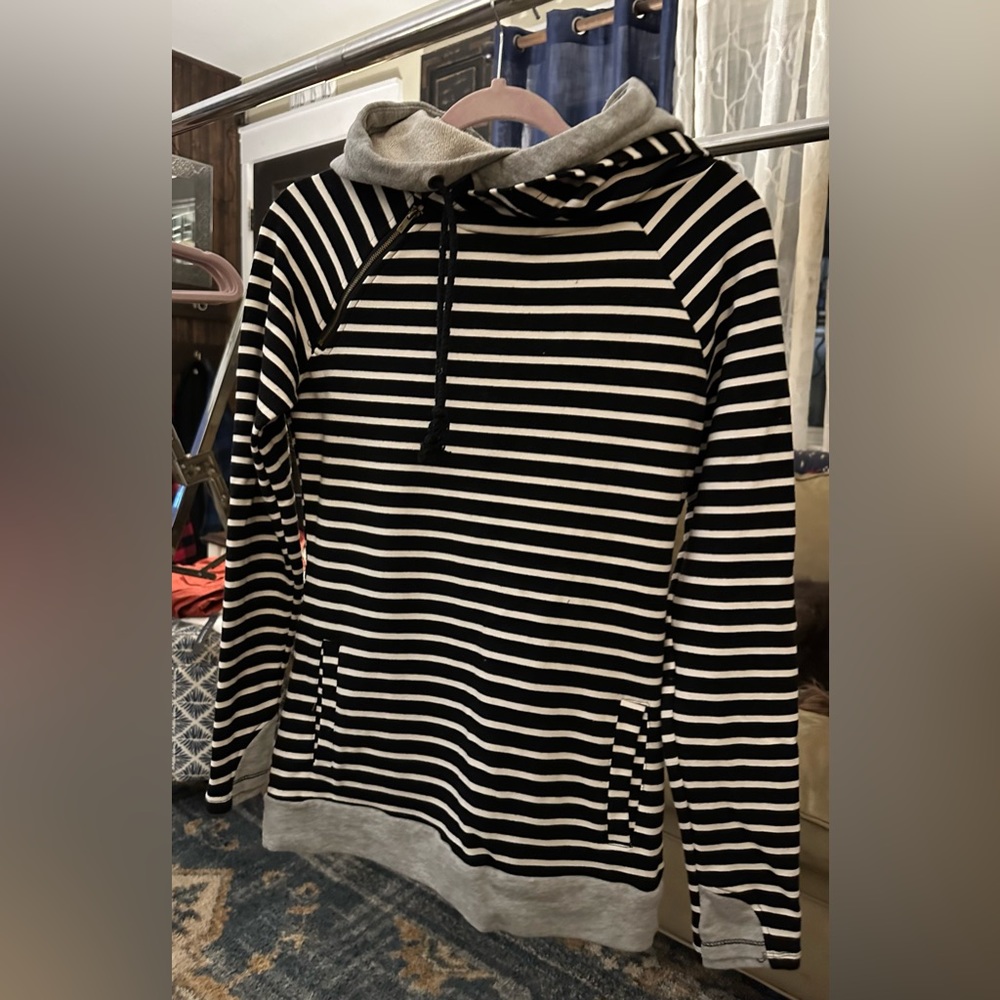 Ampersand Black White Striped Double Hooded Sweatshirt Sz Small